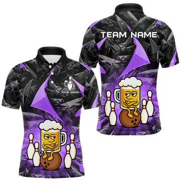 Maxcorners Custom Purple Funny Beer Bowling Jersey for Men Bowling Team Shirts Polo & 1/4 Zip LM1508