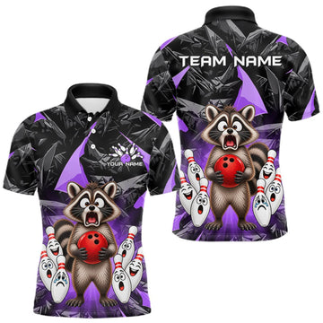 Maxcorners Custom Purple Funny Raccoon Bowling Team Shirts Bowling Jersey for Men Polo & 1/4 Zip LM2709