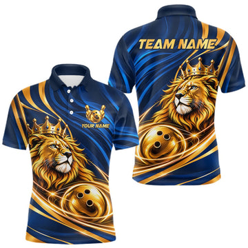 Maxcorners Custom Blue Gold Crown Lion Bowling Shirts for Men Bowling Team Jersey Bowling Tournament LM1910