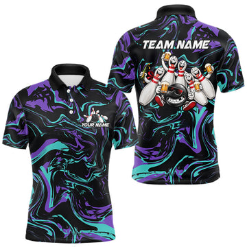 Maxcorners Custom Purple And Teal Drunk Bowling Balls And Pins Funny Beer Bowling Team Shirts For Men