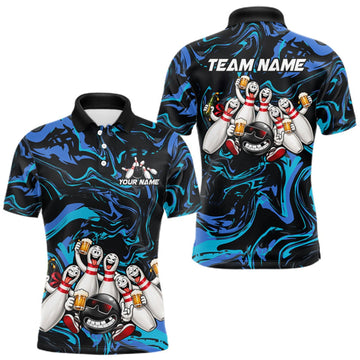 Maxcorners Custom Blue And Teal Drunk Bowling Balls And Pins Funny Beer Bowling Team Shirts For Men LM1910