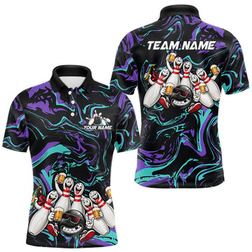 Maxcorners Custom Teal And Purple Funny Drunk Beer Bowling Balls And Pins Bowling Team Shirts For Men