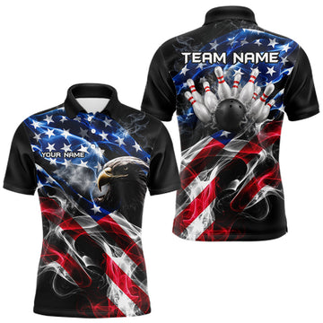 Maxcorners Custom Smoke American Flag Eagle Bowling Shirts for Men Bowling Team Jersey Bowling Tournament