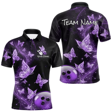 Maxcorners Custom Purple Galaxy Butterflies Bowling Shirt for Men Butterfly Bowling Team Jersey Bowling League LM1904