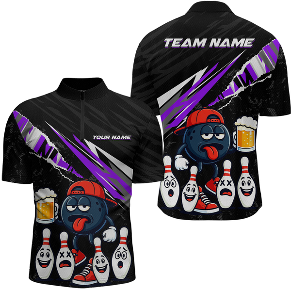 Maxcorners Custom Purple Funny Beer Bowling Jersey for Men Bowling Team Shirts Bowling Uniform Polo & 1/4 Zip MT1810