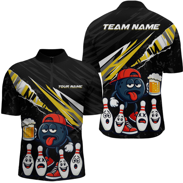 Maxcorners Custom Yellow Funny Beer Bowling Jersey for Men Bowling Team Shirts Bowling Uniform Polo & 1/4 Zip MT1810