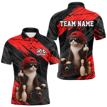 Maxcorners Custom Funny Cat Red Bowling Jersey for Men Bowling Polo & 1/4 Zip Bowling Team Shirts