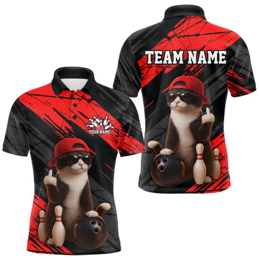 Maxcorners Custom Funny Cat Red Bowling Jersey for Men Bowling Polo & 1/4 Zip Bowling Team Shirts