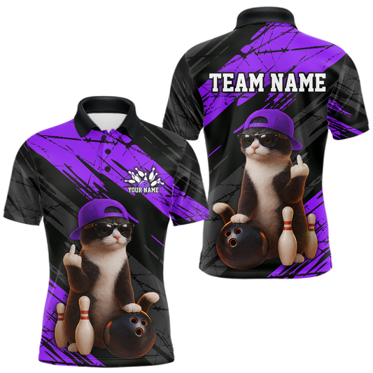 Maxcorners Custom Funny Cat Purple Bowling Jersey for Men Bowling Polo & 1/4 Zip Bowling Team Shirts