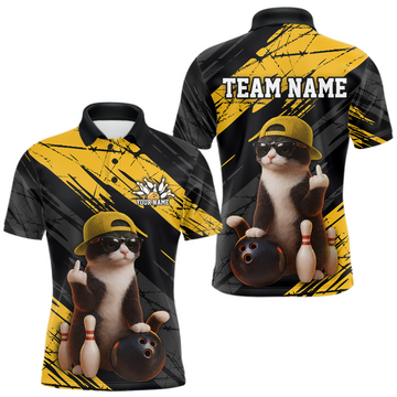 Maxcorners Custom Funny Cat Yellow Bowling Jersey for Men Bowling Polo & 1/4 Zip Bowling Team Shirts