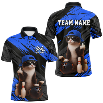 Maxcorners Custom Funny Cat Blue Bowling Jersey for Men Bowling Polo & 1/4 Zip Bowling Team Shirts