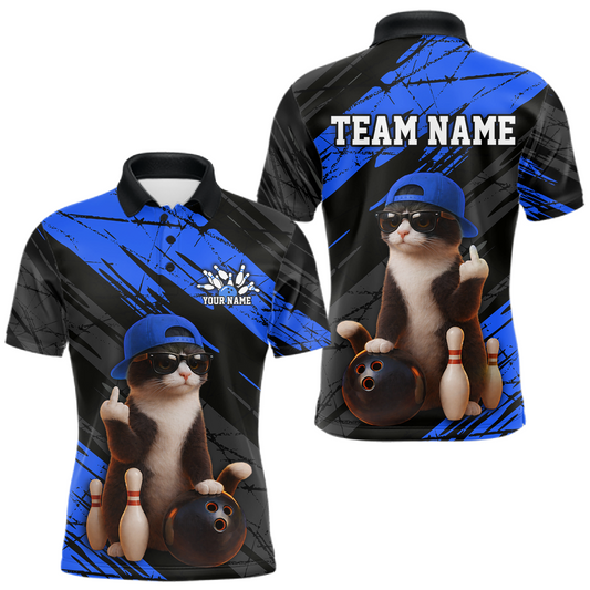 Maxcorners Custom Funny Cat Blue Bowling Jersey for Men Bowling Polo & 1/4 Zip Bowling Team Shirts