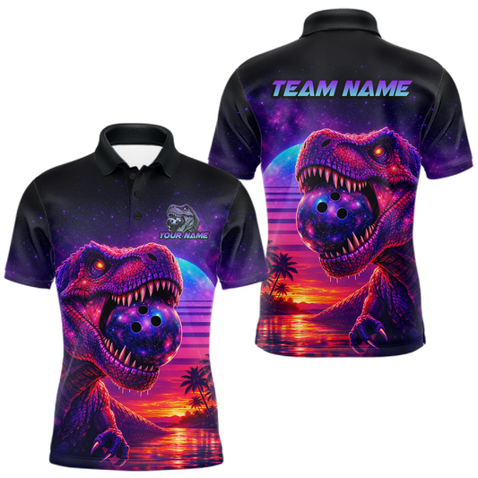 Maxcorners Custom Retro Galaxy Dinosaur Bowling Jersey for Men Bowling Shirts for Team Polo & 1/4 Zip