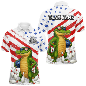Maxcorners Custom US Flag Funny Alligator Bowling shirts for Men, Crocodile Bowling Team Jerseys