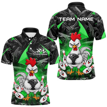 Maxcorners Green Funny Crazy Chicken Custom Bowling Shirts for Men Bowling Team Jersey Polo & 1/4 Zip