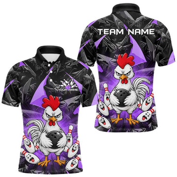 Maxcorners Purple Funny Crazy Chicken Custom Bowling Shirts for Men Bowling Team Jersey Polo & 1/4 Zip
