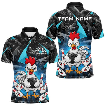 Maxcorners Turquoise Funny Crazy Chicken Custom Bowling Shirts for Men Bowling Team Jersey Polo & 1/4 Zip