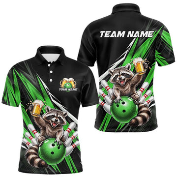 Maxcorners Green Funny Beer Raccoon Custom Bowling Shirts for Men Bowling Team Jersey Polo & 1/4 Zip