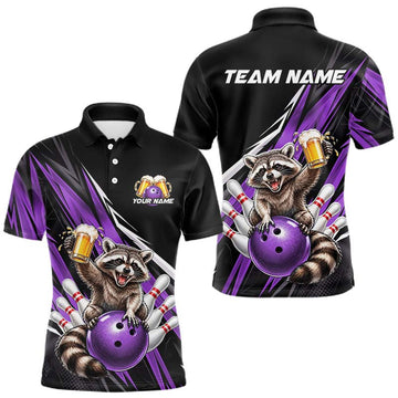 Maxcorners Purple Funny Beer Raccoon Custom Bowling Shirts for Men Bowling Team Jersey Polo & 1/4 Zip