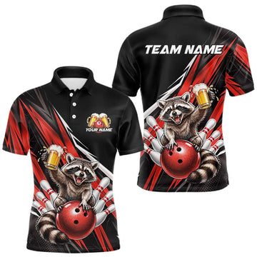 Maxcorners Red Funny Beer Raccoon Custom Bowling Shirts for Men Bowling Team Jersey Polo & 1/4 Zip