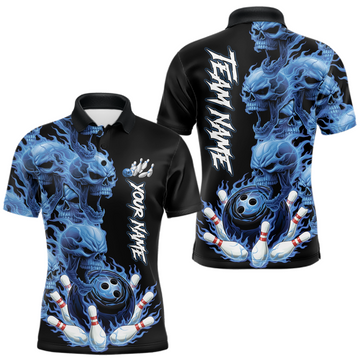 Maxcorners Custom Flame Skull Bowling Jerseys for Men Bowling League Polo & 1/4 Zip Bowling Team Shirts