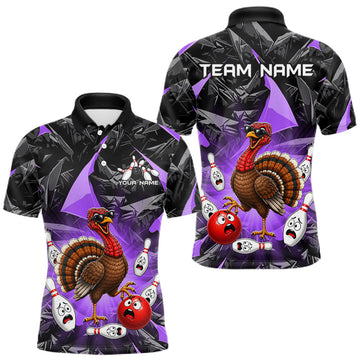 Maxcorners Purple Funny Turkey Bowling Team Shirts for Men Custom Chicken Thanksgiving Bowling