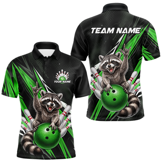 Maxcorners Custom Green Raccoon Bowling Jersey for Men Bowling Team Shirts Bowling Polo & 1/4 Zip