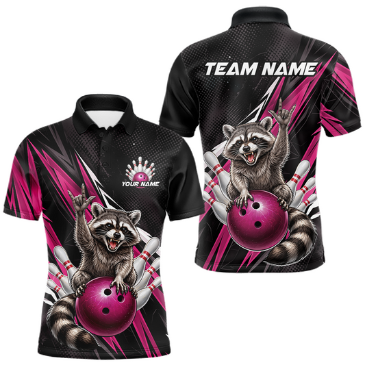 Maxcorners Custom Pink Raccoon Bowling Jersey for Men Bowling Team Shirts Bowling Polo & 1/4 Zip