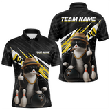 Maxcorners Custom Yellow Funny Cat Bowling Jersey for Men Bowling Shirt Polo & 1/4 Zip Bowling Team Shirts LM3010
