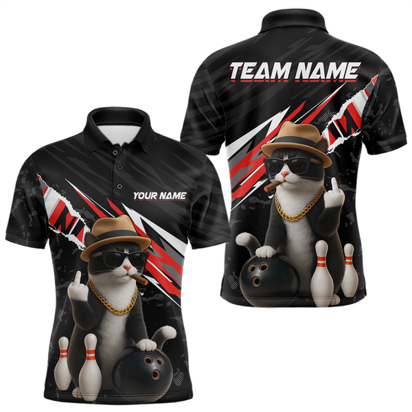 Maxcorners Custom Red Funny Cat Bowling Jersey for Men Bowling Shirt Polo & 1/4 Zip Bowling Team Shirts TU2810