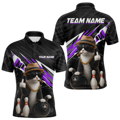 Maxcorners Custom Purple Funny Cat Bowling Jersey for Men Bowling Shirt Polo & 1/4 Zip Bowling Team Shirts TU2810