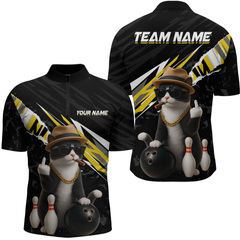 Maxcorners Custom Yellow Funny Cat Bowling Jersey for Men Bowling Shirt Polo & 1/4 Zip Bowling Team Shirts LM3010