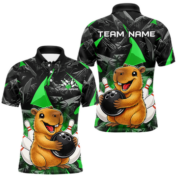 Maxcorners Custom Green Capybara Bowling Jersey for Men Bowling Team Shirts Bowling Polo & 1/4 Zip LM2603