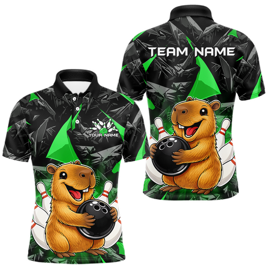 Maxcorners Custom Green Capybara Bowling Jersey for Women Bowling Team Shirts Bowling Polo & 1/4 Zip