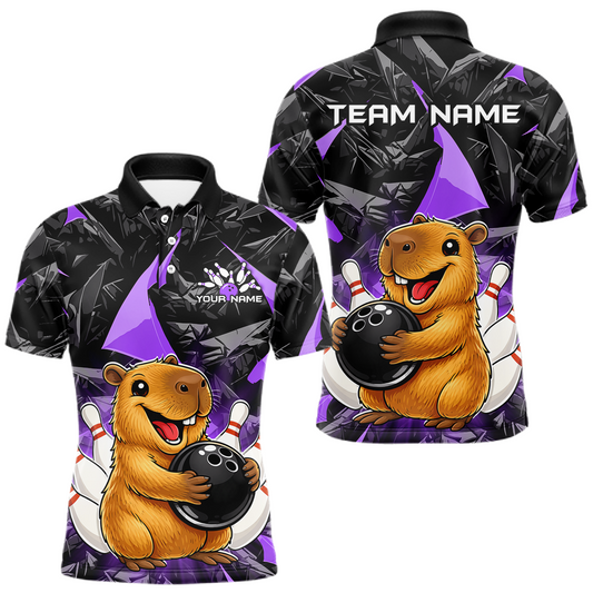 Maxcorners Custom Purple Capybara Bowling Jersey for Women Bowling Team Shirts Bowling Polo & 1/4 Zip