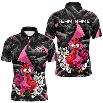 Maxcorners Custom Pink Funny Chicken Bowling Jersey for Men, Breast Cancer Bowling Team Shirts LM0409