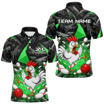 Maxcorners Green Funny Chicken Custom Mens Bowling Team Shirts Bowling League Polo & 1/4 Zip LM0409