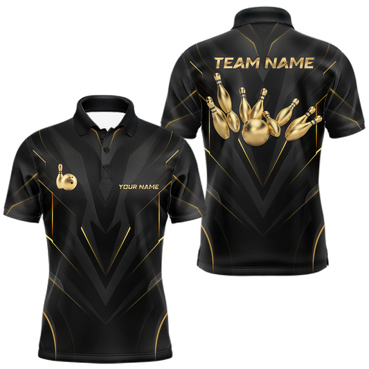 Maxcorners Custom Black and Gold Bowling Shirt for Men Bowling Team Jersey Bowling League Polo & 1/4 Zip LM0106