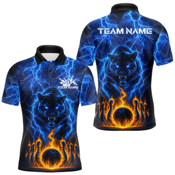 Maxcorners Custom Blue Flame Panther Bowling Team Shirts for Men Bowling League Shirts Polo & 1/4 Zip LM0410
