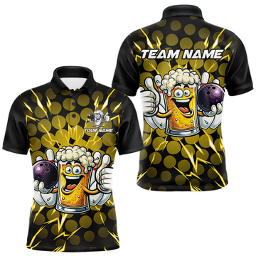 Maxcorners Custom Yellow Funny Beer Bowling Jersey for Men Bowling Team Shirts Polo & 1/4 Zip