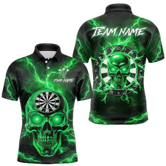 Maxcorners Custom Green Lightning Thunder Skull Dart Shirts For Men Darts Team Jerseys Polo & 1/4 Zip LM0602