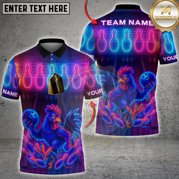 Maxcorners Bowling Neon Rooster Personalized Name 3D Unisex Shirt