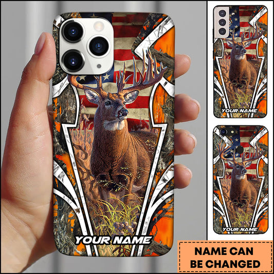 Maxcorners Deer Hunting American Flag Arrowhead Buck Orange Camo Personalized Name 3D Phone Case