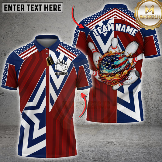 Maxcorners Bowling USA Flag Fire Ball Design Personalized Name 3D Unisex Shirt