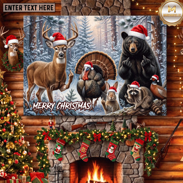 Maxcorners XMas Hunting Funny Deer Bear Turkey Rabbit Raccoon Pheasant Forest Gang Wildlife Scene Canvas Wall Art