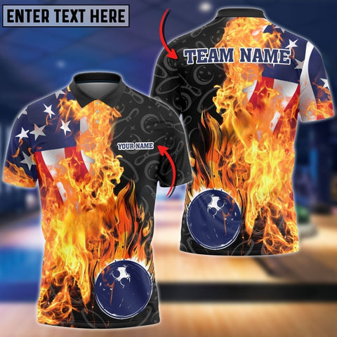 Maxcorners Bowling Ball Flame American Flag Customized Name, Team Name 3D Polo Shirt