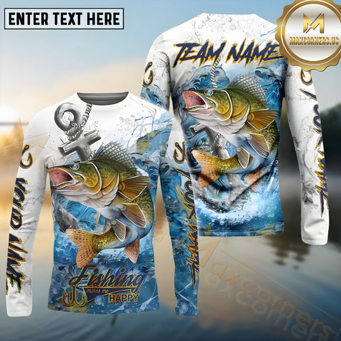 Maxcorners Walleye Fishing Anchor Ocean Pattern Pattern Sport Jersey Personalized Name, Team Name Long Sleeve Shirt