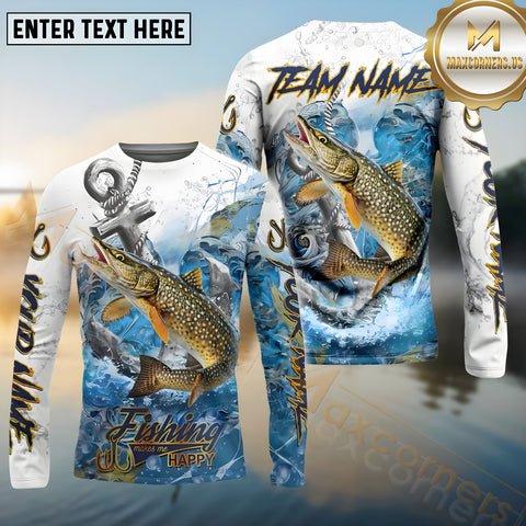 Maxcorners Pike Fishing Anchor Ocean Pattern Pattern Sport Jersey Personalized Name, Team Name Long Sleeve Shirt