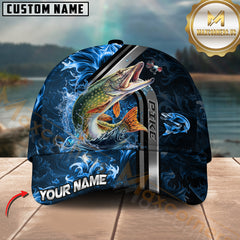 Maxcorners Pike Fishing Blue Fire Golden Number One Pattern Sport Pattern Personalized Name 3D Cap MT78