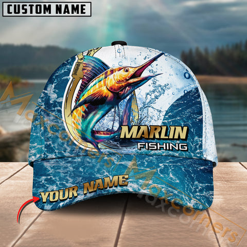 Maxcorners Marlin Fishing Golden Hook Graphic Personalized Name 3D Cap